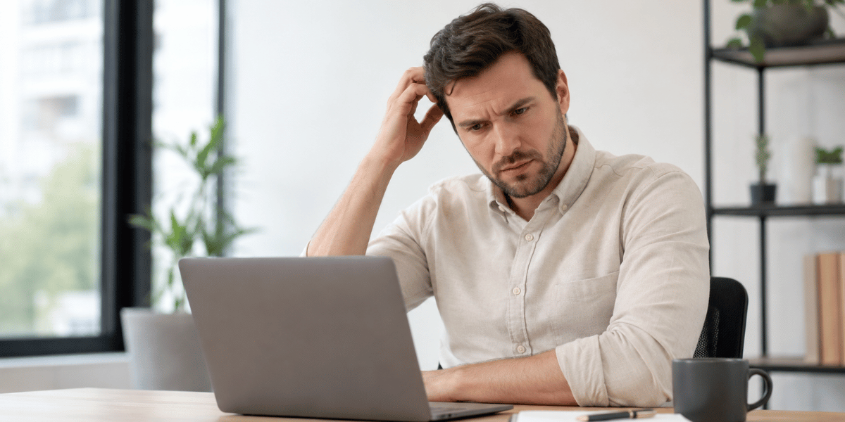 Business professional scratching his head while looking at a laptop in a modern office.