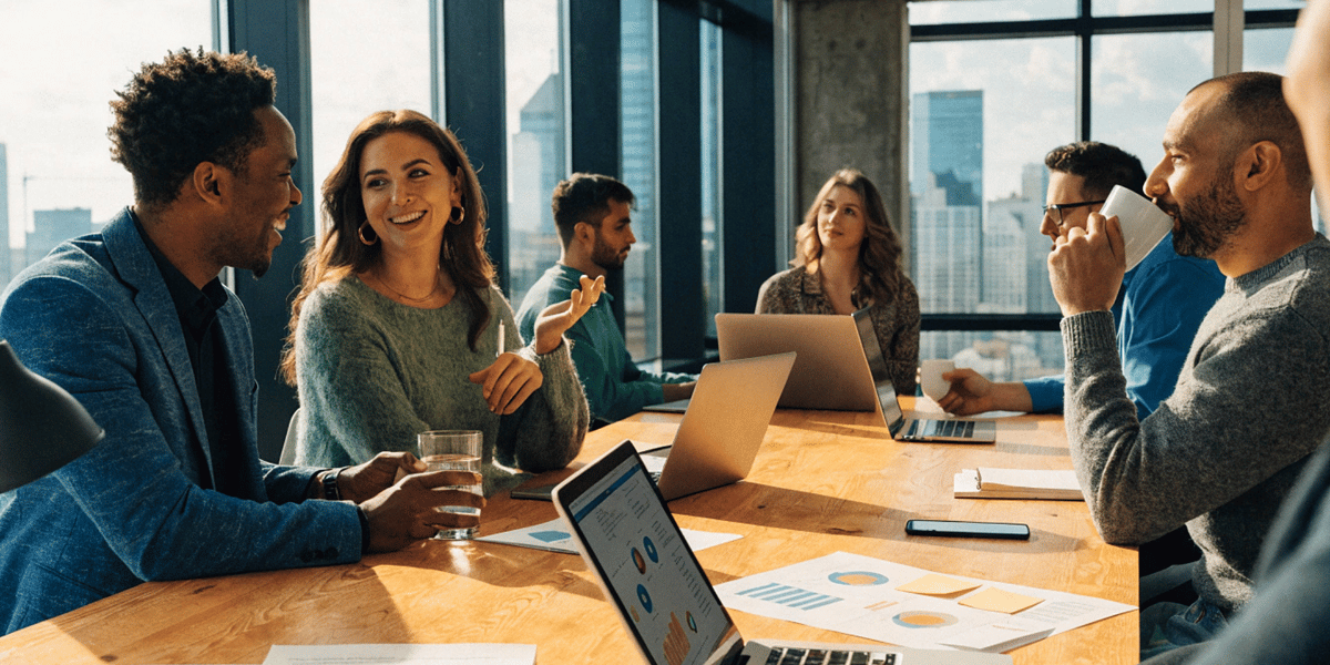Business team discussing data and strategy around laptops in a modern office.